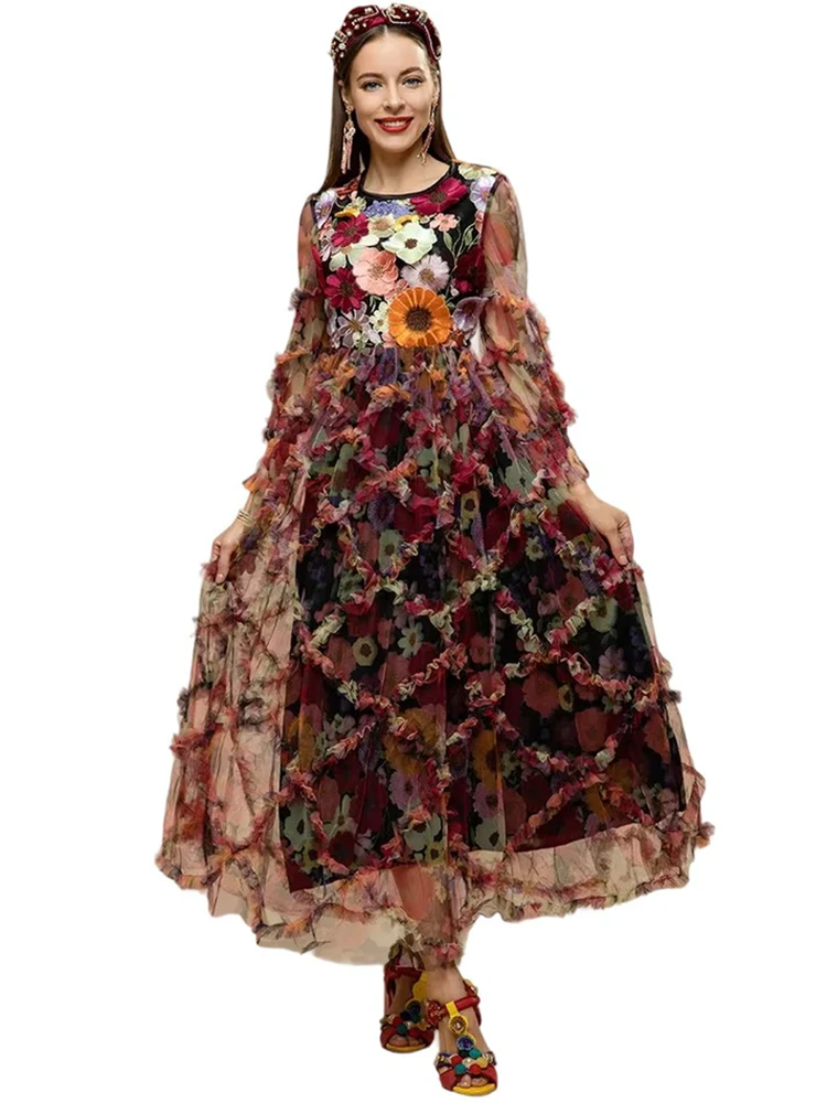 Summer Runway Fashion Mesh Dress Women Long sleeve Vintage Flower Embroidery Applique Elegant Party Midi Dress