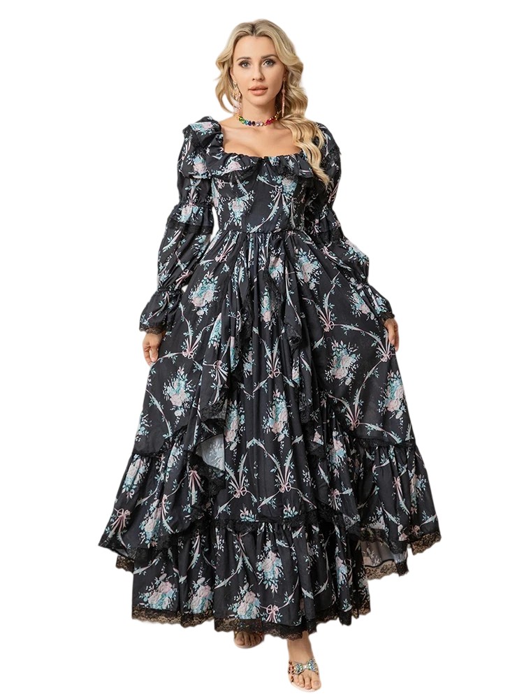 One-shoulder lace patchwork retro print long-sleeved dress