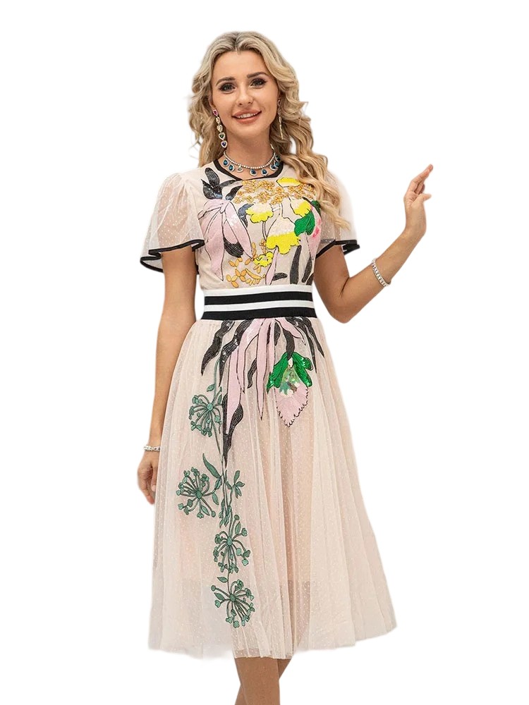 Round neck heavy sequin mesh embroidered dress