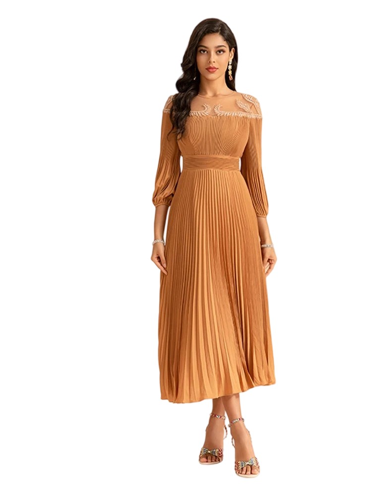 Hand-beaded mesh long-sleeved midi dress