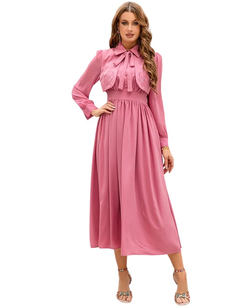 Lapel Long Sleeve Heavy Embroidery Fake Two-Piece Dress