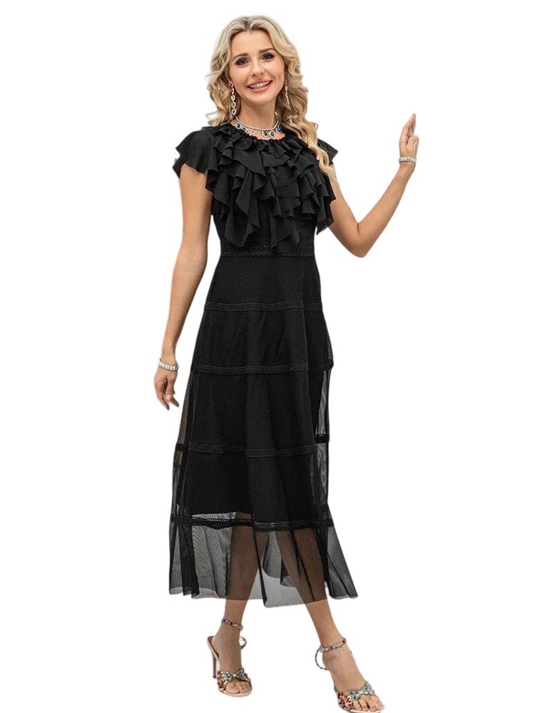 Round neck sleeveless ruffled patchwork water-soluble flower dress