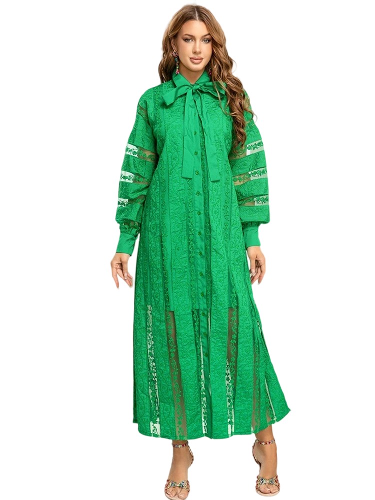 Mesh patchwork waist dress with bow tie