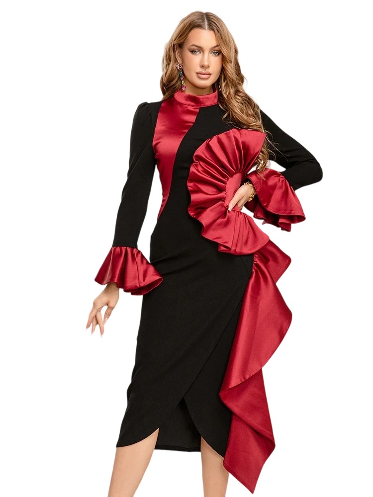 Designer Patchwork Dress: Ruffle Trim & High Slit