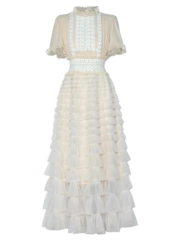 Stand collar embroidered waist ruffled cake skirt