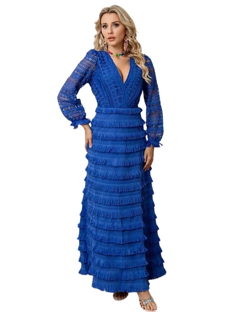 V-neck hollow lantern long-sleeved heavy tassel A-line skirt