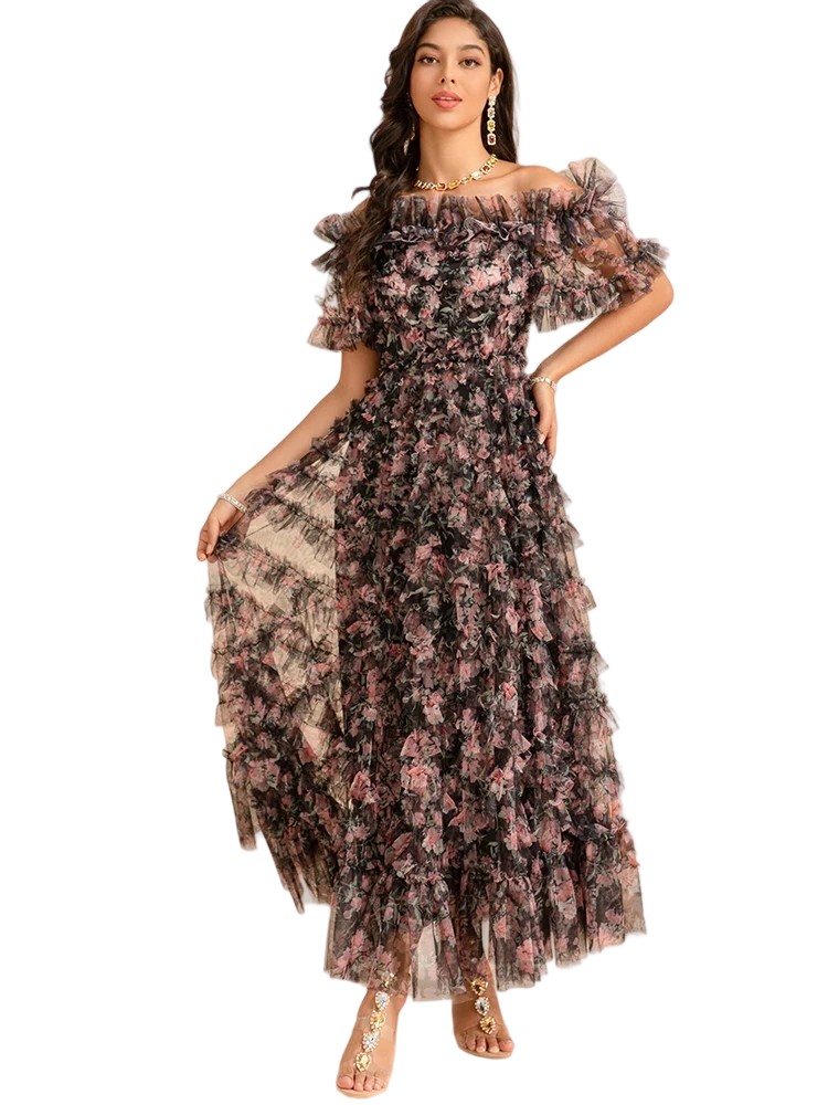 New Euro-American French Sen-style printed mesh princess long dress.