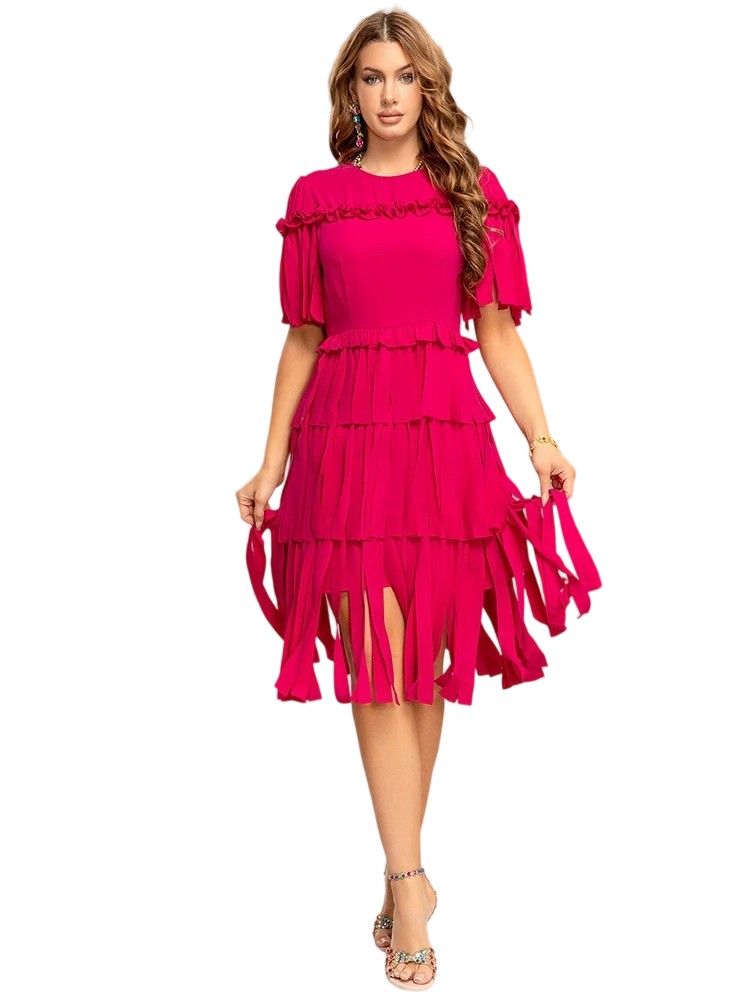 Ruffled laser-cut fringe midi dress