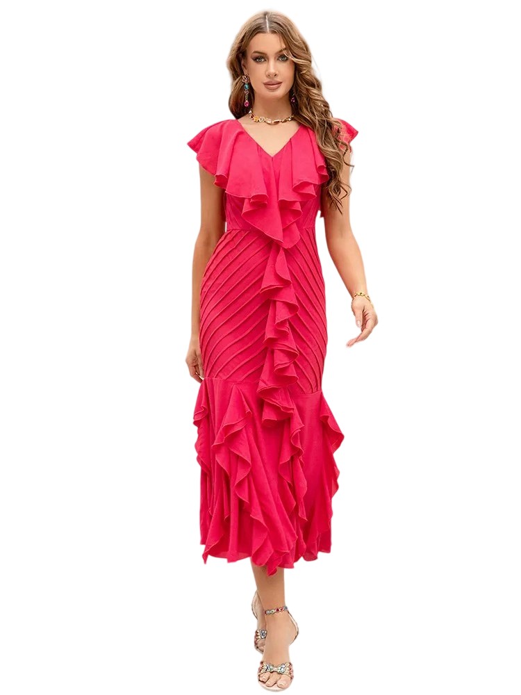 V-Neck Fishtail Banquet Dress with Ruffled Hem & Slim Fit