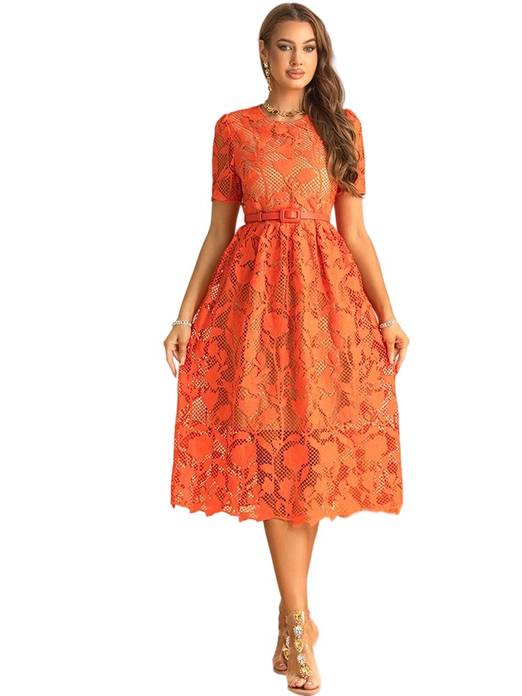 Stylish orange autumn dresses with lace - up and belt