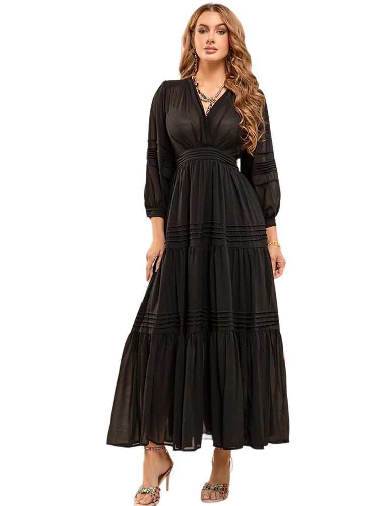 European and American sexy V-neck pleated black swing dress
