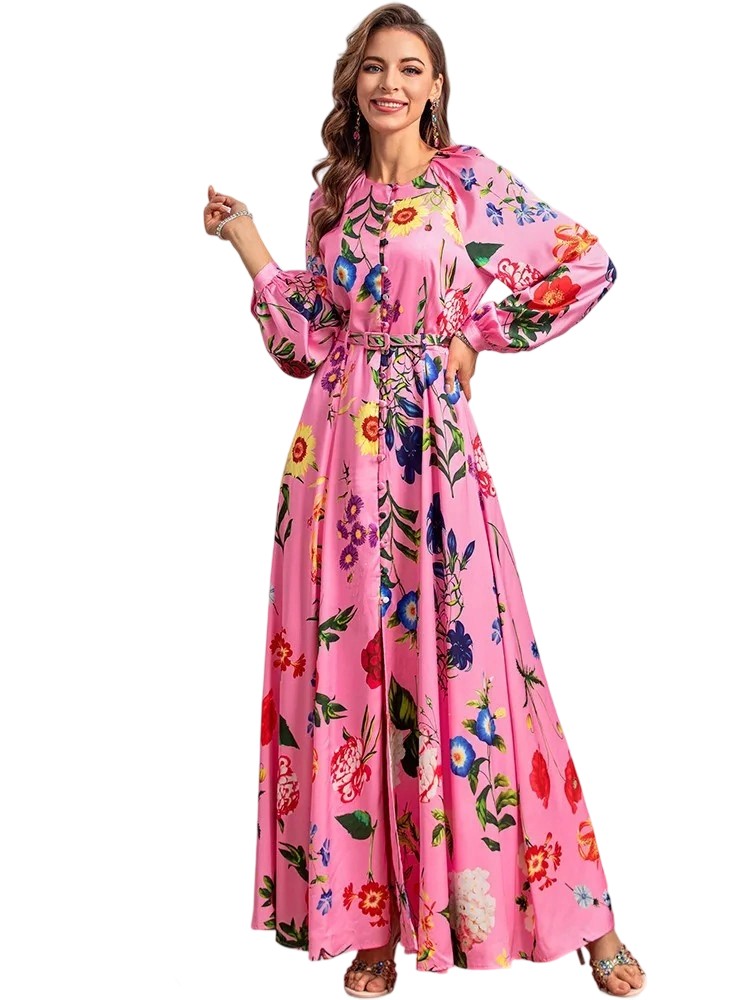 Bohemian floral print single-breasted slit dress