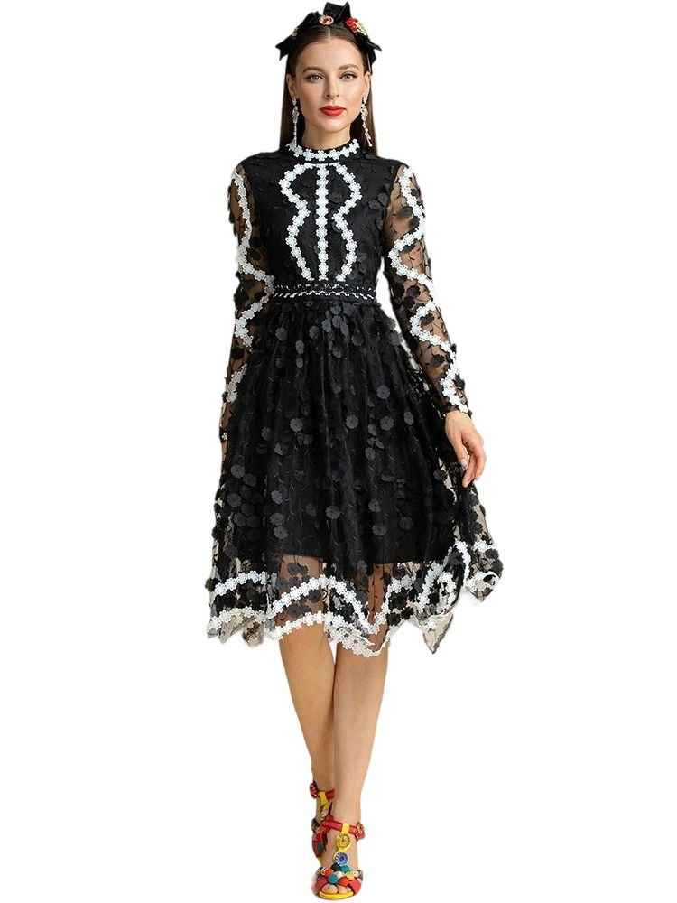 Vintage Black White Embroidered Mesh Party Dress