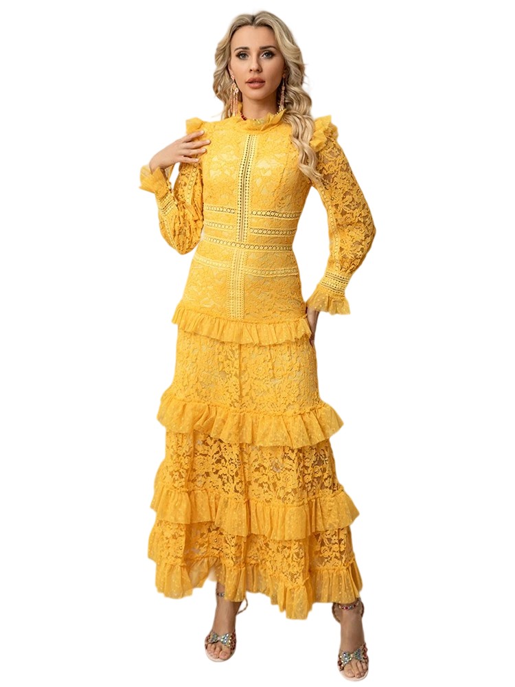 Stand Collar Lace Splicing Retro Dress