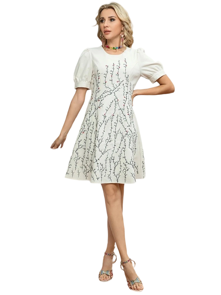 Round neck, heavily embroidered waist mini dress