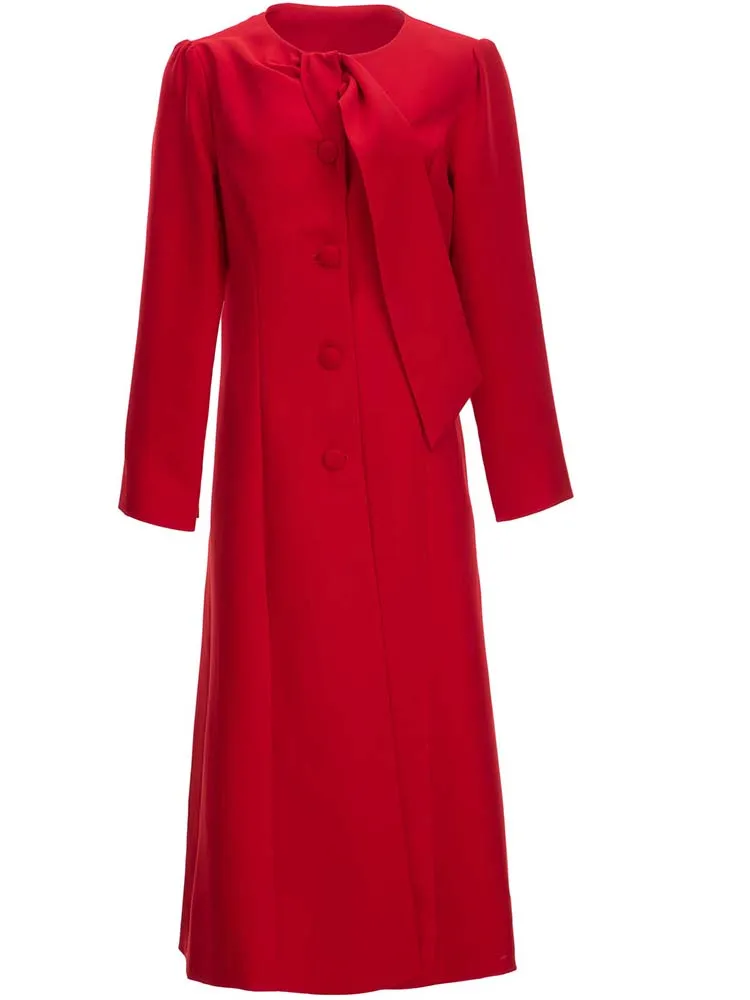 Designer Red Single-breasted Tie Winter Coat
