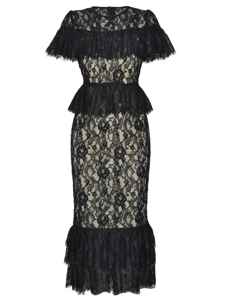 Hollow lace ruffled fishtail skirt