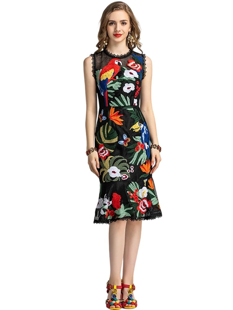 Sleeveless Vintage Lace Floral Ruffle Bodycon Dress