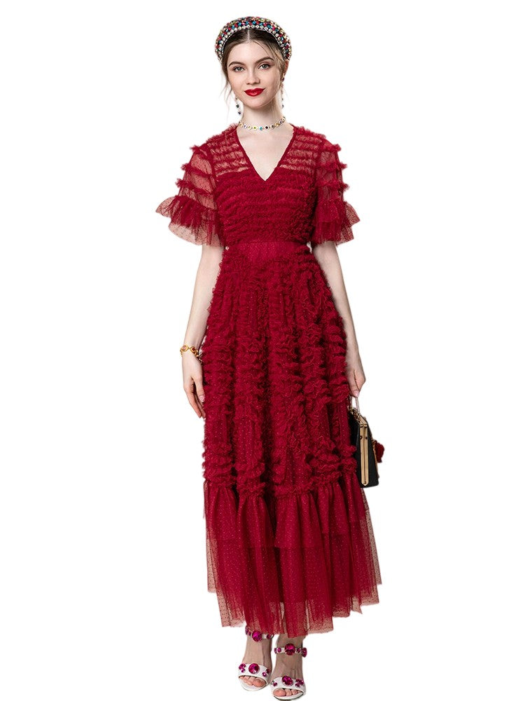 Retro wine red polka dot V-neck splicing ruffled lace striped skirt