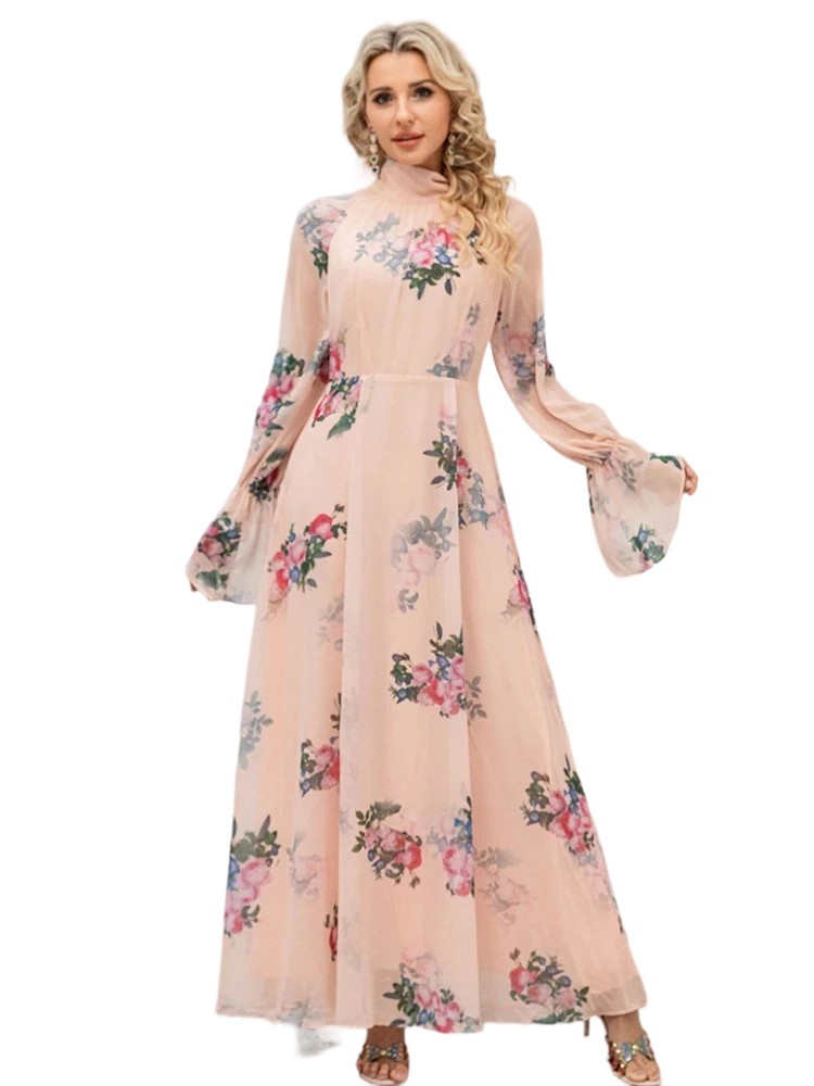 Rose Print Stand Collar Flared Chiffon Long Dress