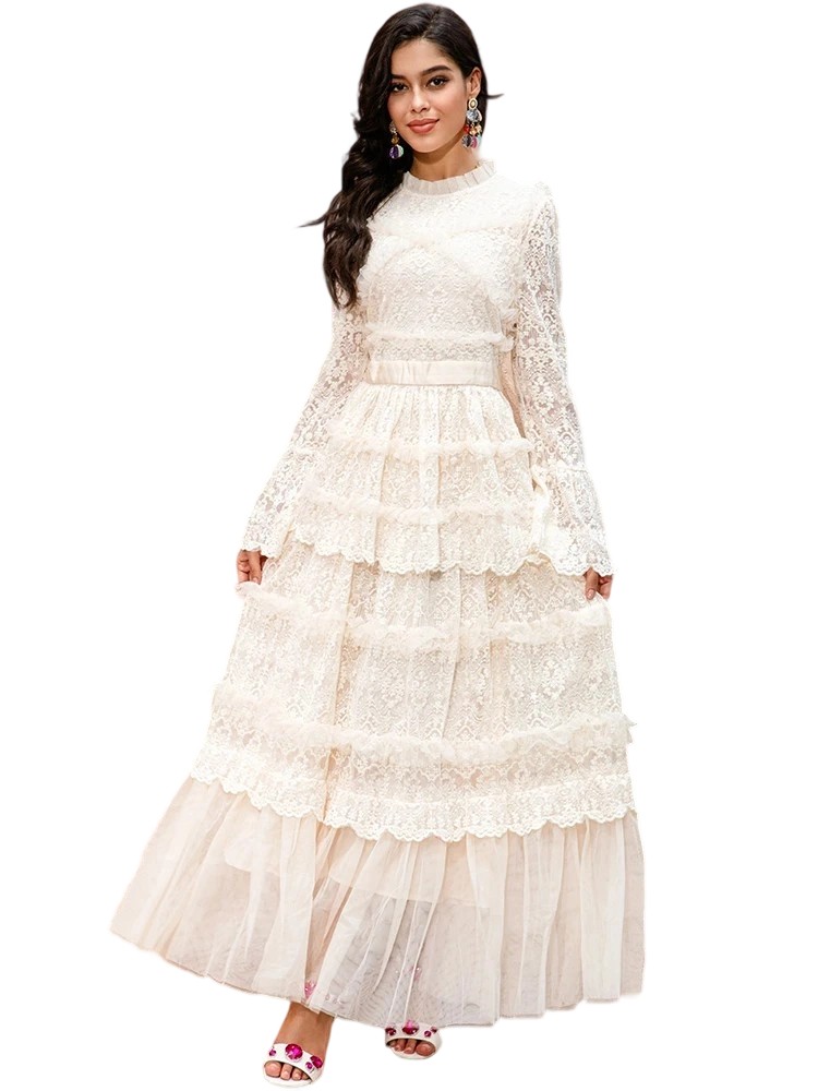 Slim Fit Elegant Party Bell Sleeve Mesh Lace Splicing Party Maxi Dress