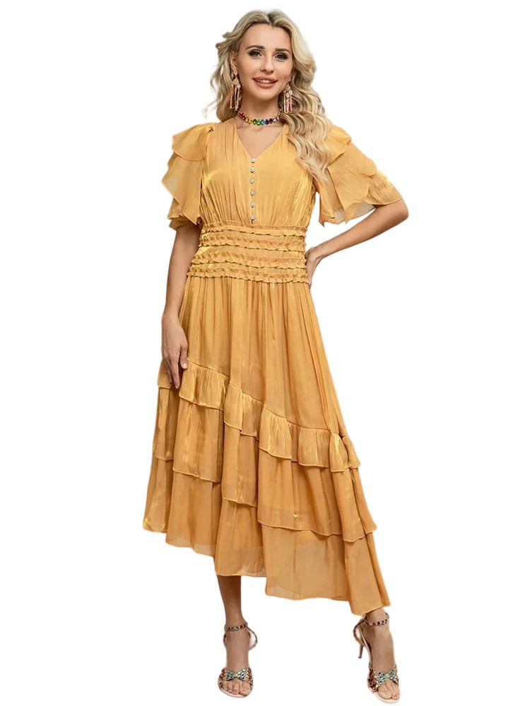 V-neck waist pleated ruffle irregular dress