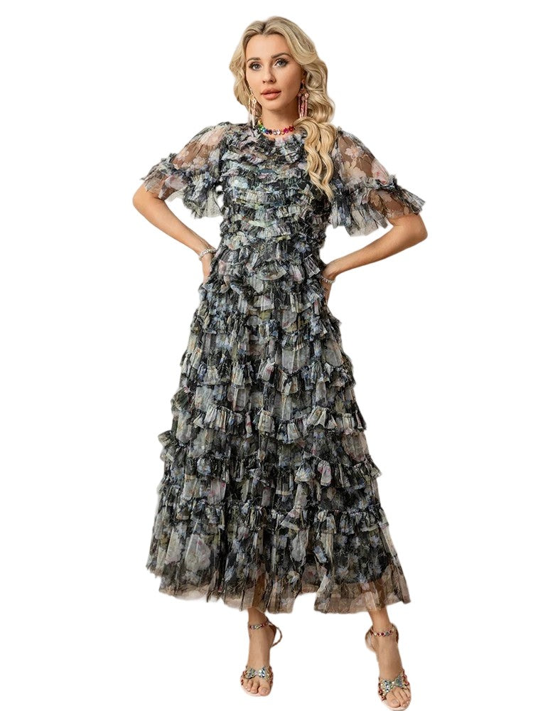 Spring/Summer Fashion Design Round Neck Printed Mesh Lotus Leaf Short Sleeve Stacked Cake Dress