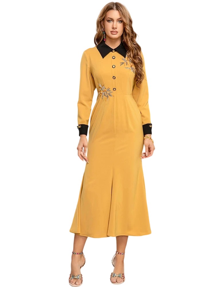 Stand collar long sleeve embroidered sequined hip-wrapped dress with train