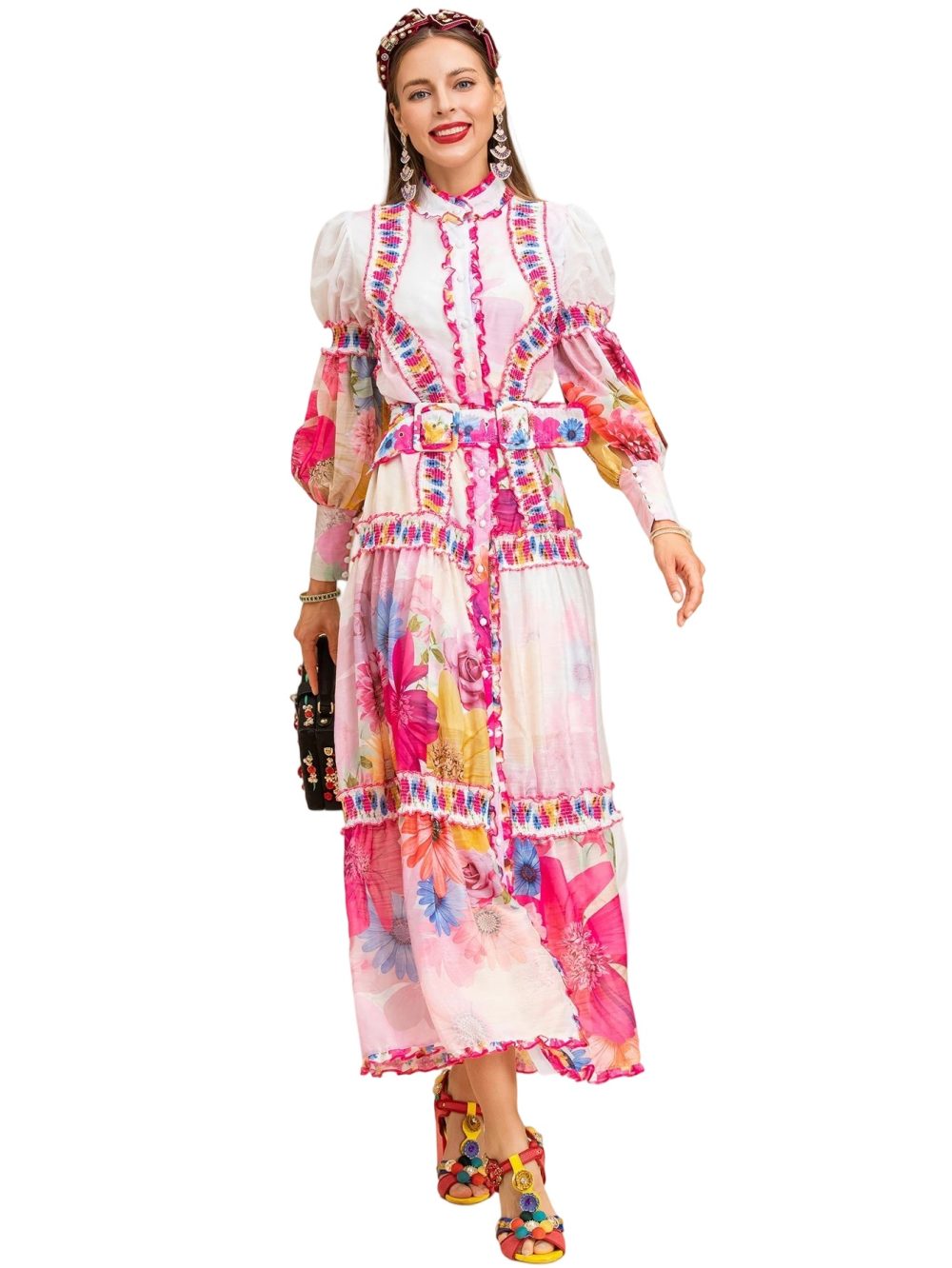 Lantern Sleeve Printed Holiday Maxi Dress - Image 10