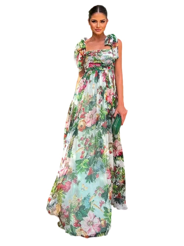 Chiffon Bow Shoulder Bohemian Floral Print Maxi Dress