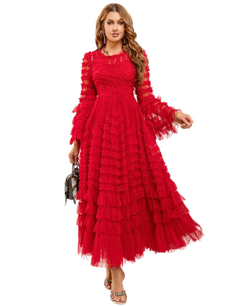 Collection Layered Ruffle Mesh Splicing Horn Long Sleeve Dress