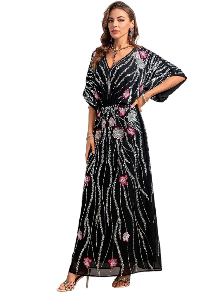 Botanical Sequin Runway Dress: Vintage Embroidered Evening Gown