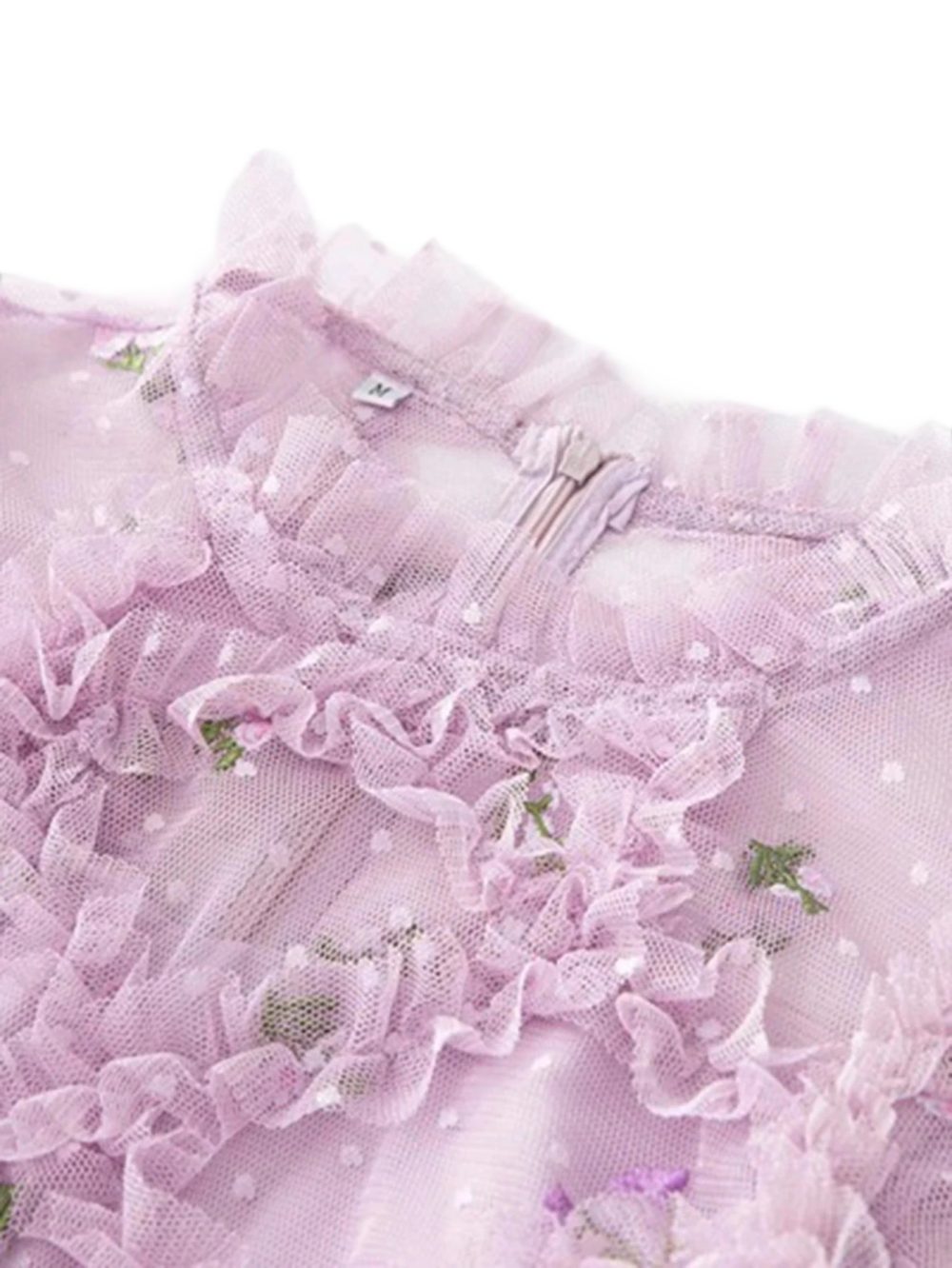 Designer Purple Floral Puff Ruffle Party Dress - Image 11