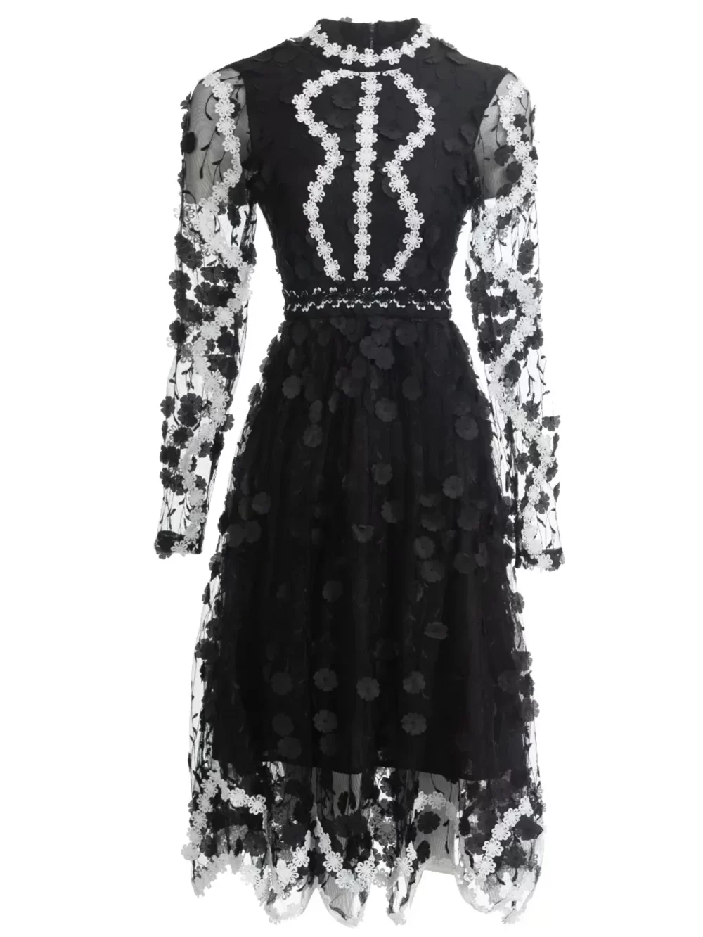 Vintage Black White Embroidered Mesh Party Dress - Image 5