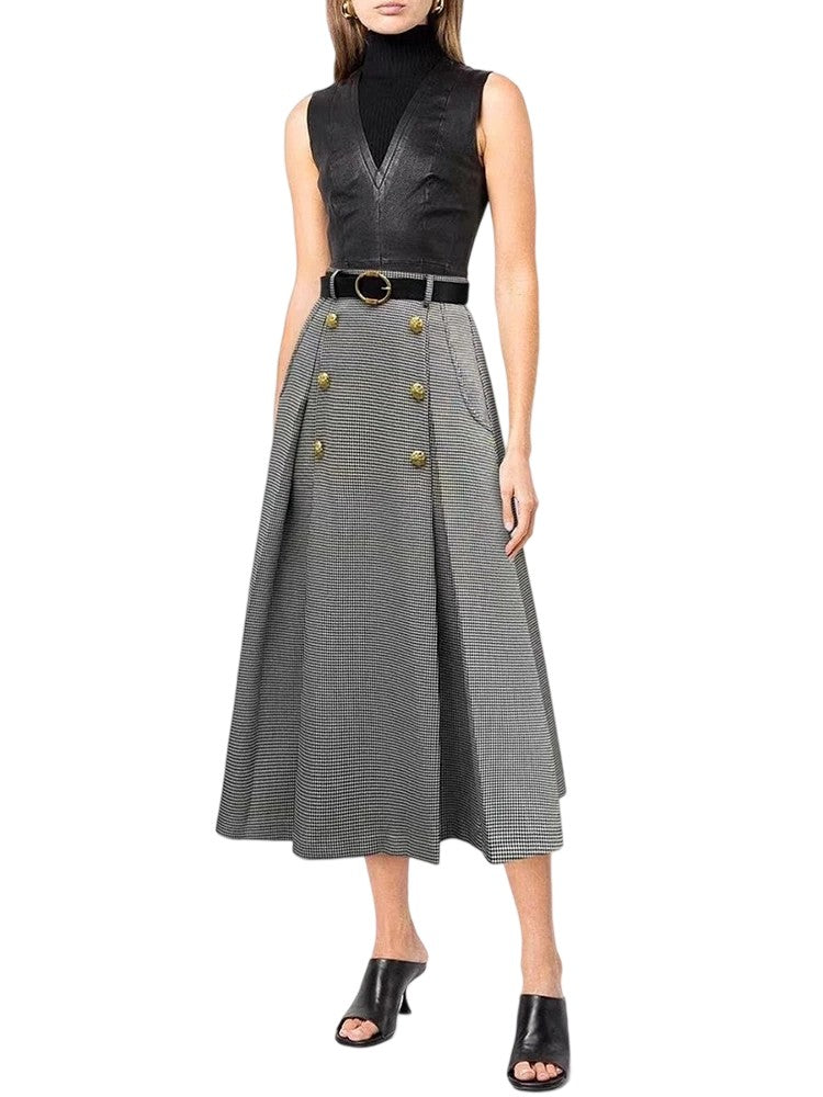 Houndstooth Retro Plaid Slim Midi Skirt