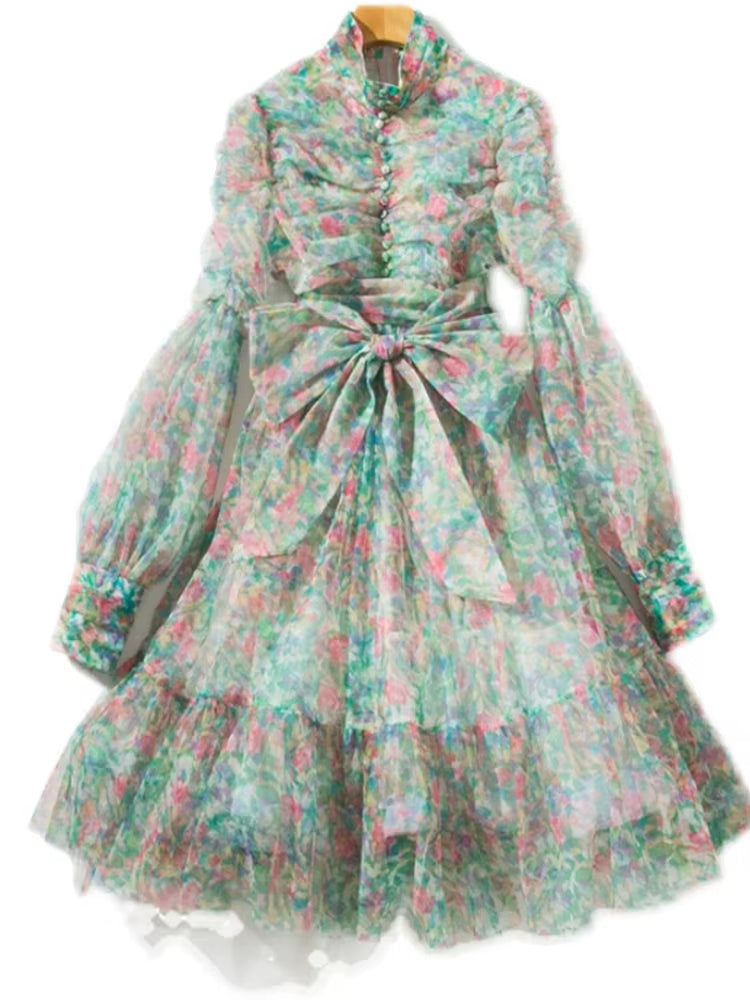 Lantern Sleeve Floral Print Vintage Mesh Dress