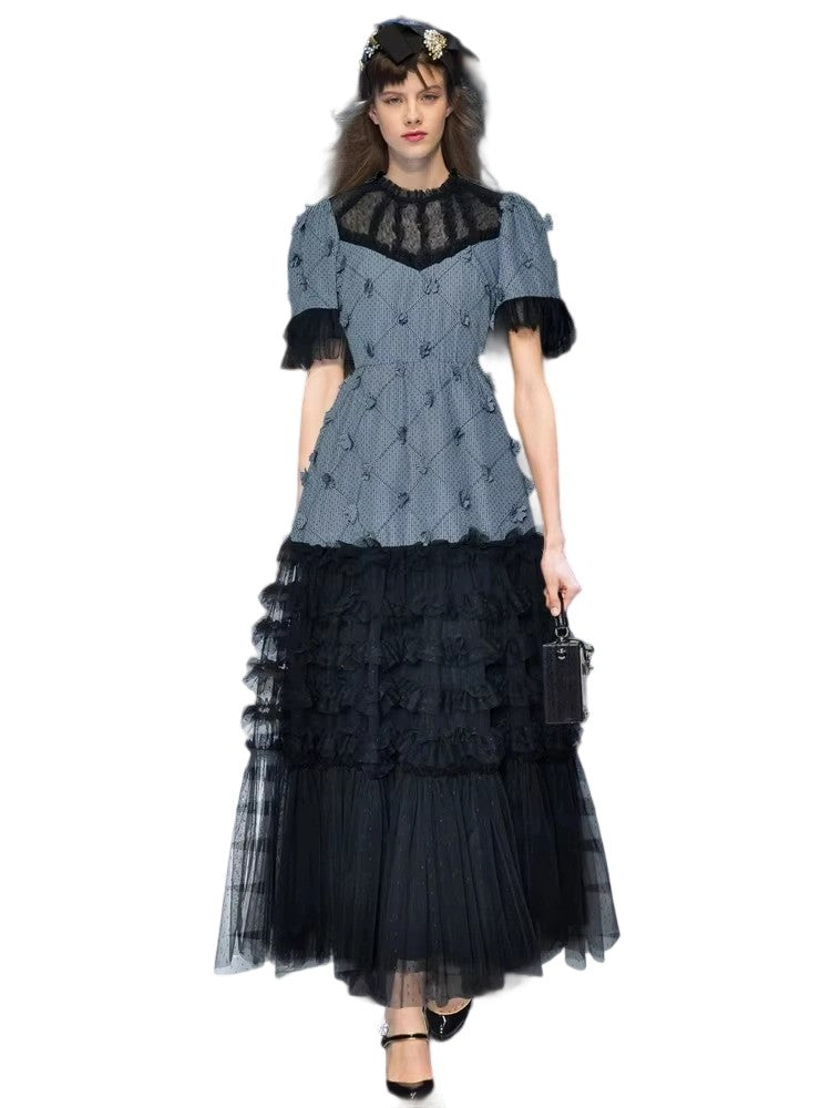 Round neck mesh waist mid-length dress