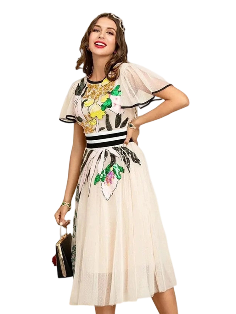 Butterfly Sleeve Sequin Embroidery Women's Slim Fit A-Line Skirt