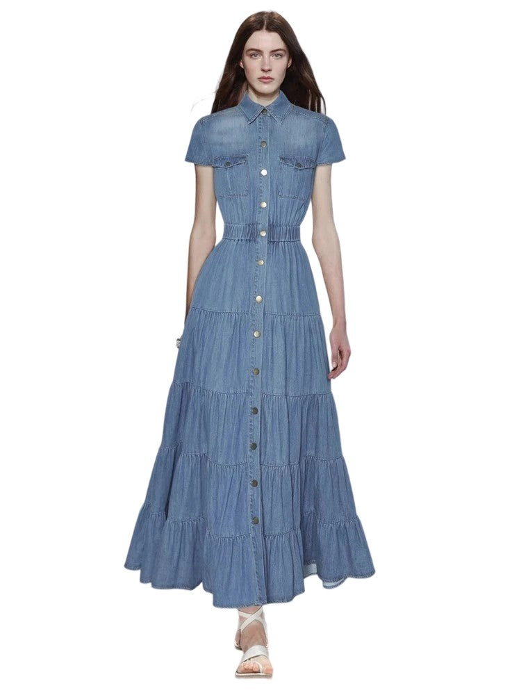 Lapel single-breasted elastic waist princess style long denim dress