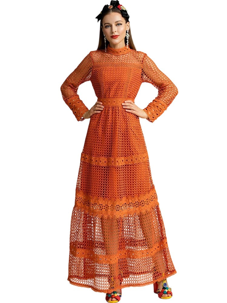 Stand collar long sleeve hollow holiday retro dress