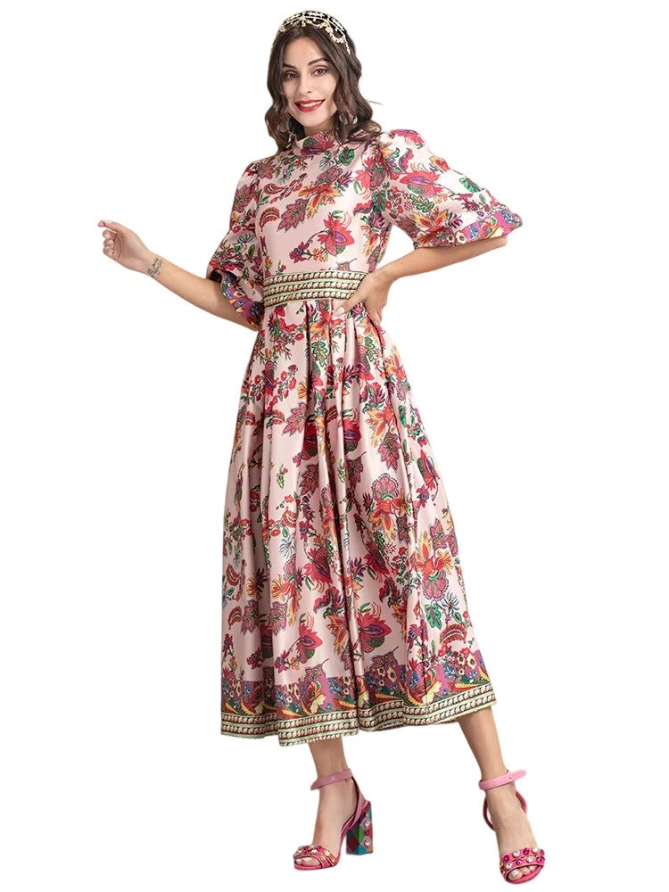 Women's Puff Sleeve Floral Print Elegant Holiday Party Dress