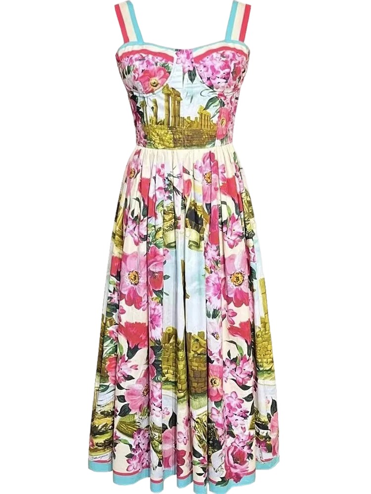 Square neck low shoulder strap open back high waist printed dress