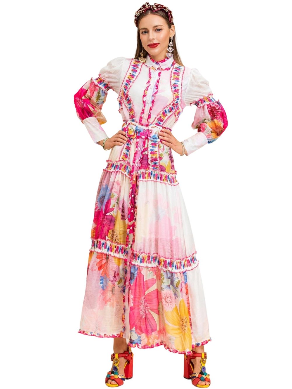 Lantern Sleeve Printed Holiday Maxi Dress - Image 11