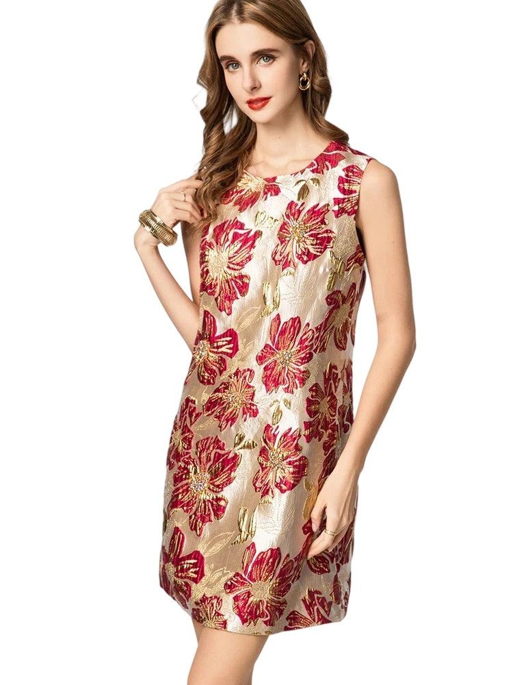 Spring and Summer Sleeveless Jacquard Round Neck Loose Knee length Skirt Rose Red Decal Dress