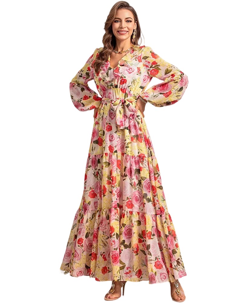Bohemian floral print ruffled chiffon dress