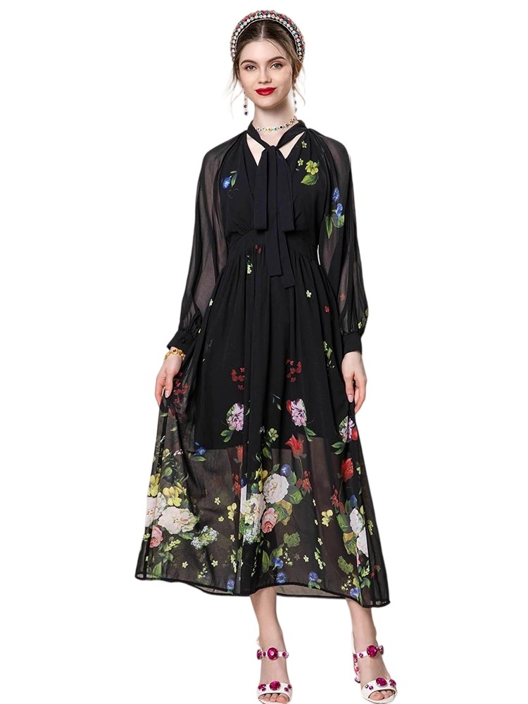 Bowknot transparent high waist printed draped chiffon dress