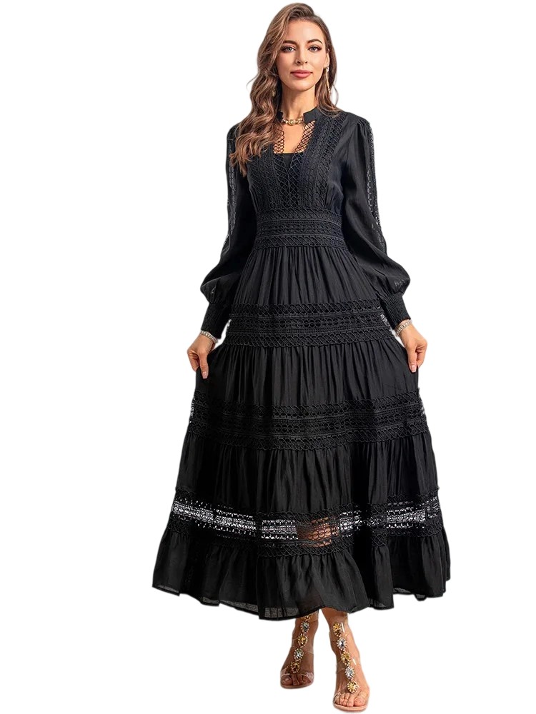 Retro solid color hollow sexy pleated waist dress