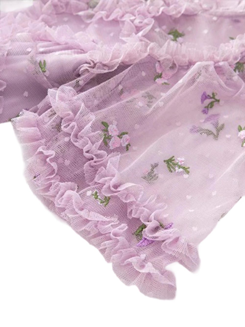 Designer Purple Floral Puff Ruffle Party Dress - Image 12