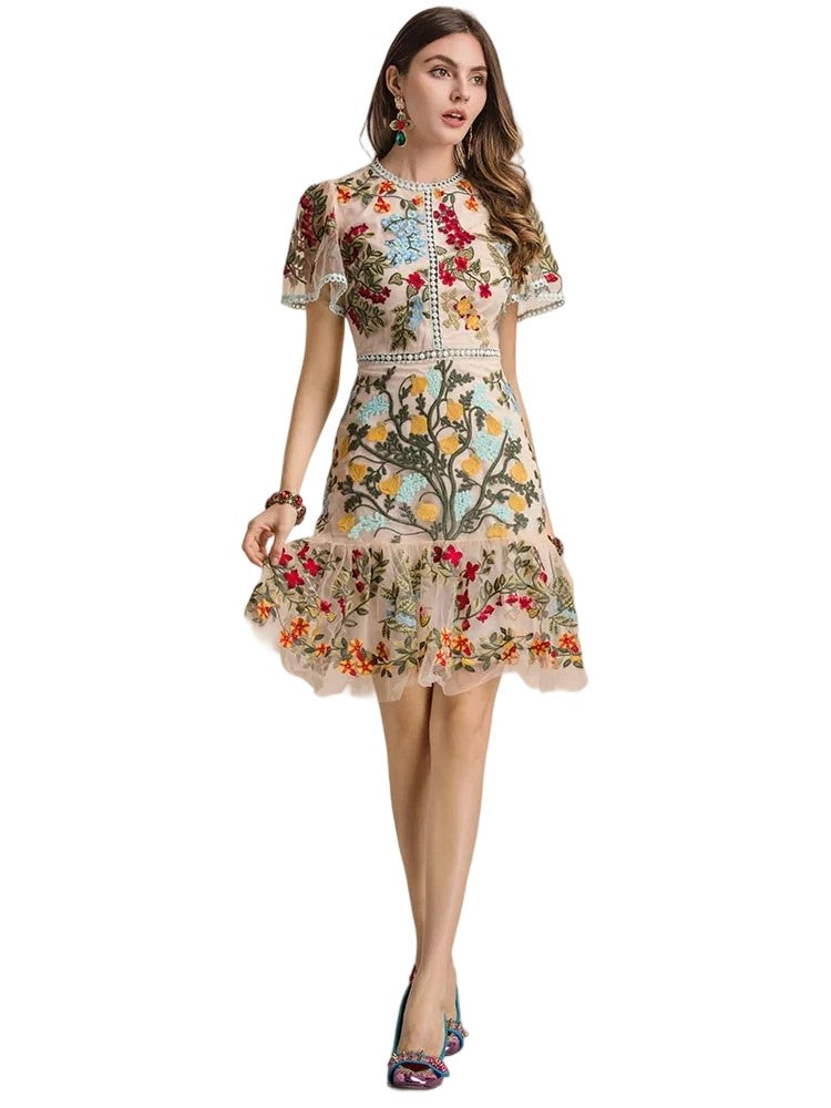 Bell-sleeve floral embroidered midi dress