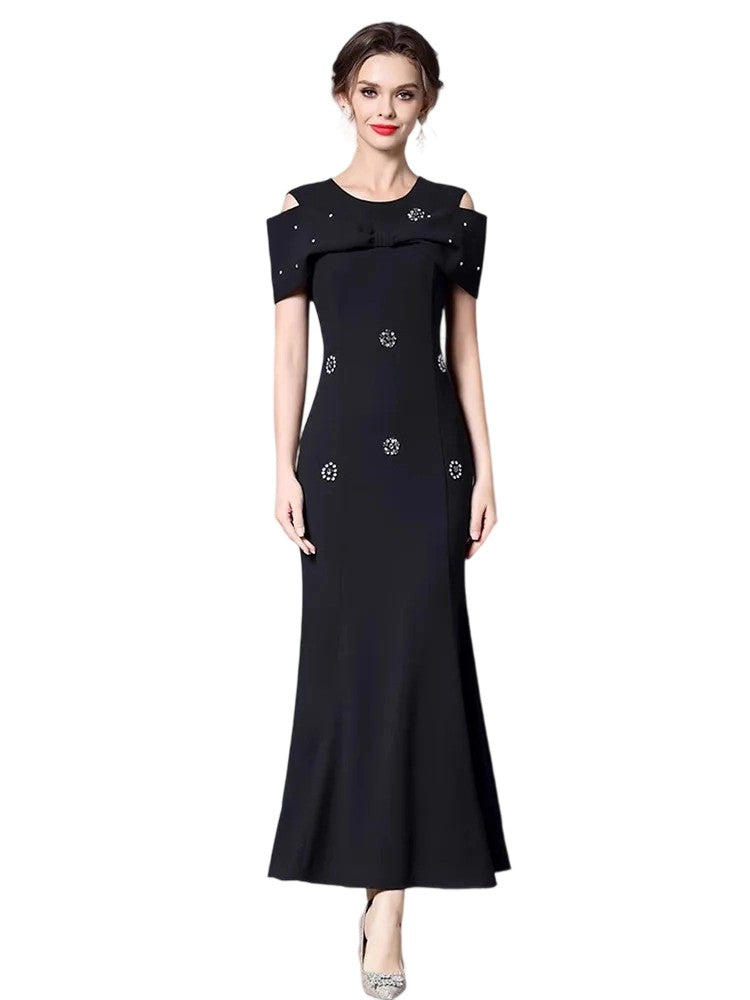 Round neck butterfly off shoulder fishtail dress evening gown